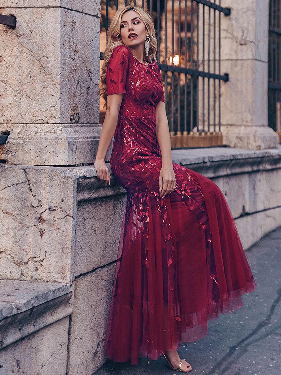 Robes de soirée Longues Sirène en Tulle à Imprimé Floral et Paillettes #Couleur_Bordeaux