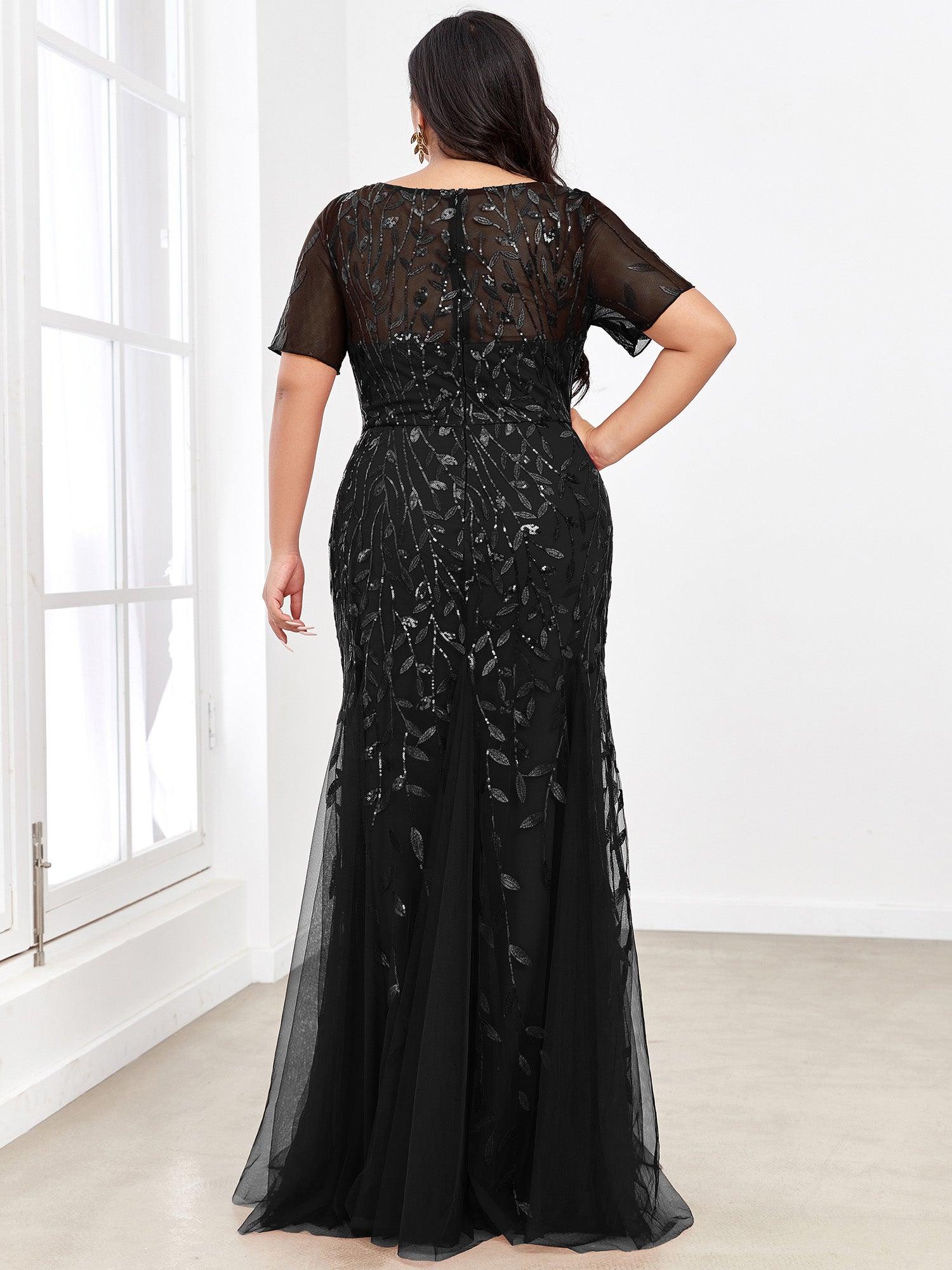 Robes de soirée Longues Sirène en Tulle à Imprimé Floral et Paillettes #Couleur_Noir