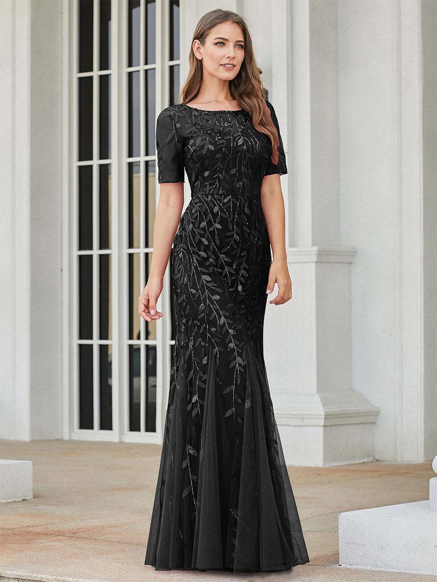 Robes de soirée Longues Sirène en Tulle à Imprimé Floral et Paillettes #Couleur_Noir