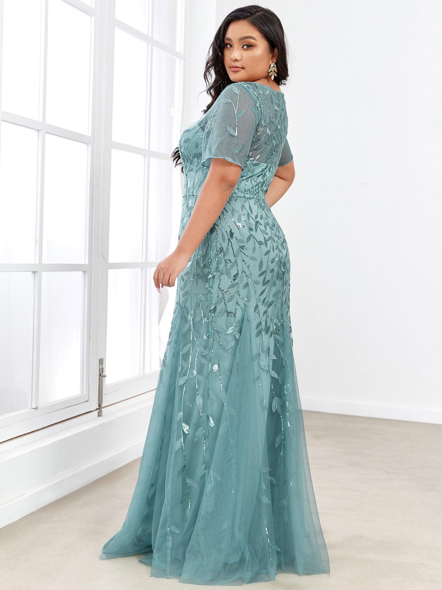 Robes de soirée Longues Sirène en Tulle à Imprimé Floral et Paillettes #Couleur_Bleu Fume