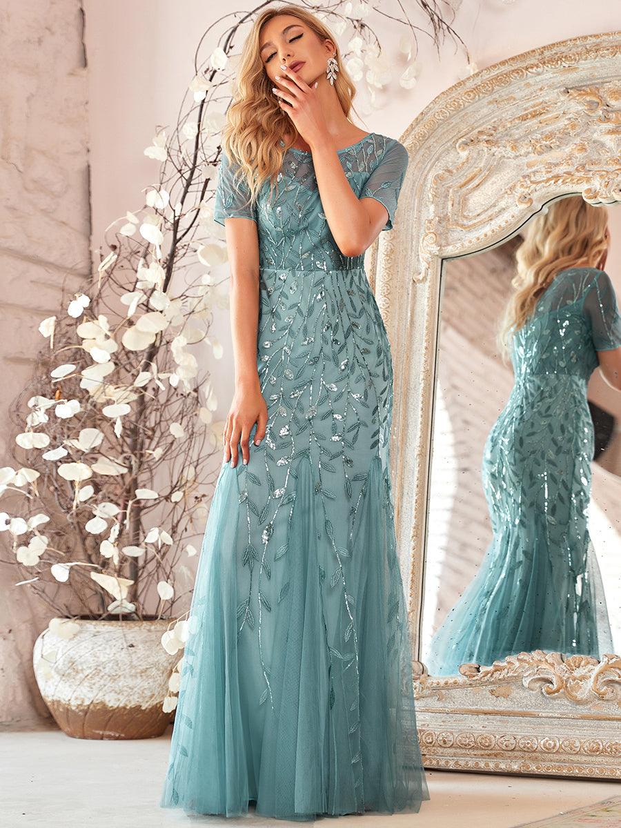 Robes de soirée Longues Sirène en Tulle à Imprimé Floral et Paillettes #Couleur_Bleu Fume