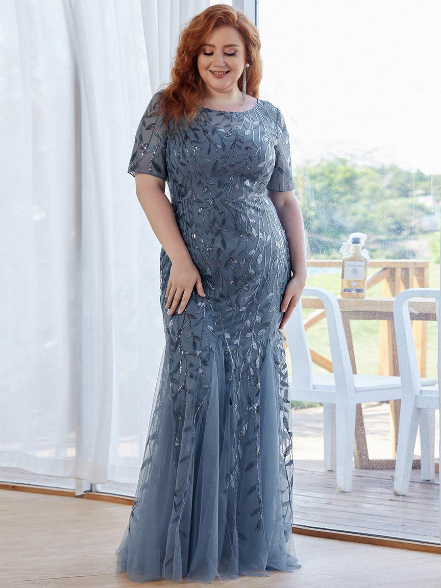 Robe Sirène Grande Taille en Tulle à Imprimé Floral et Paillettes #Couleur_Marine Fume