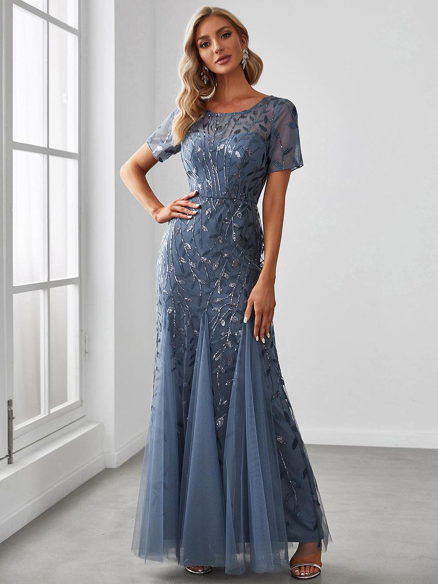 Robes de soirée Longues Sirène en Tulle à Imprimé Floral et Paillettes #Couleur_Marine Fume
