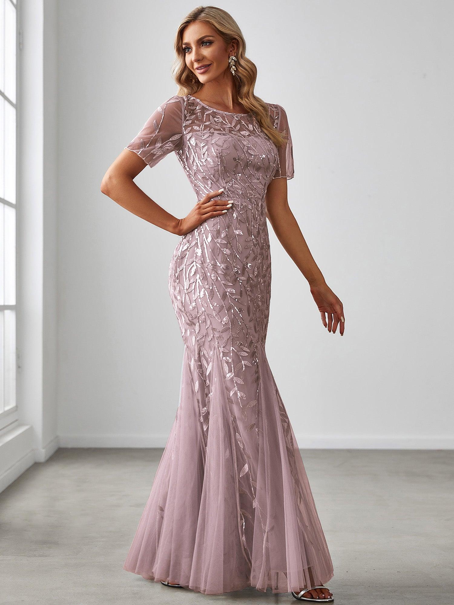 Robes de soirée Longues Sirène en Tulle à Imprimé Floral et Paillettes #Couleur_Lilas