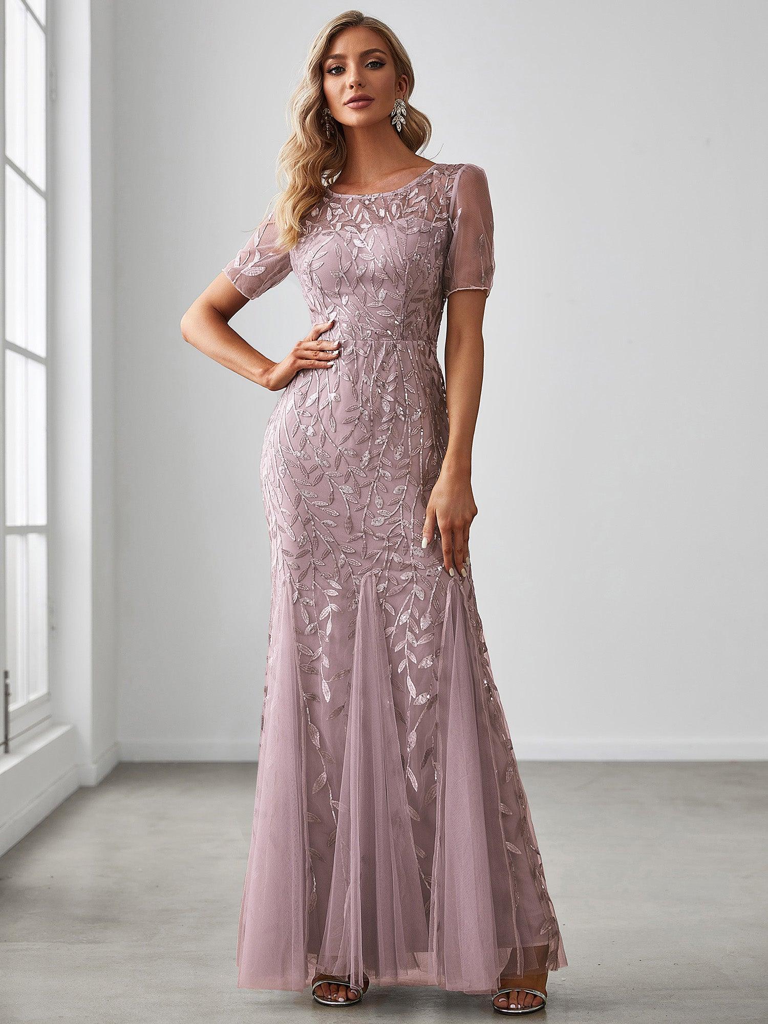 Robes de soirée Longues Sirène en Tulle à Imprimé Floral et Paillettes #Couleur_Lilas