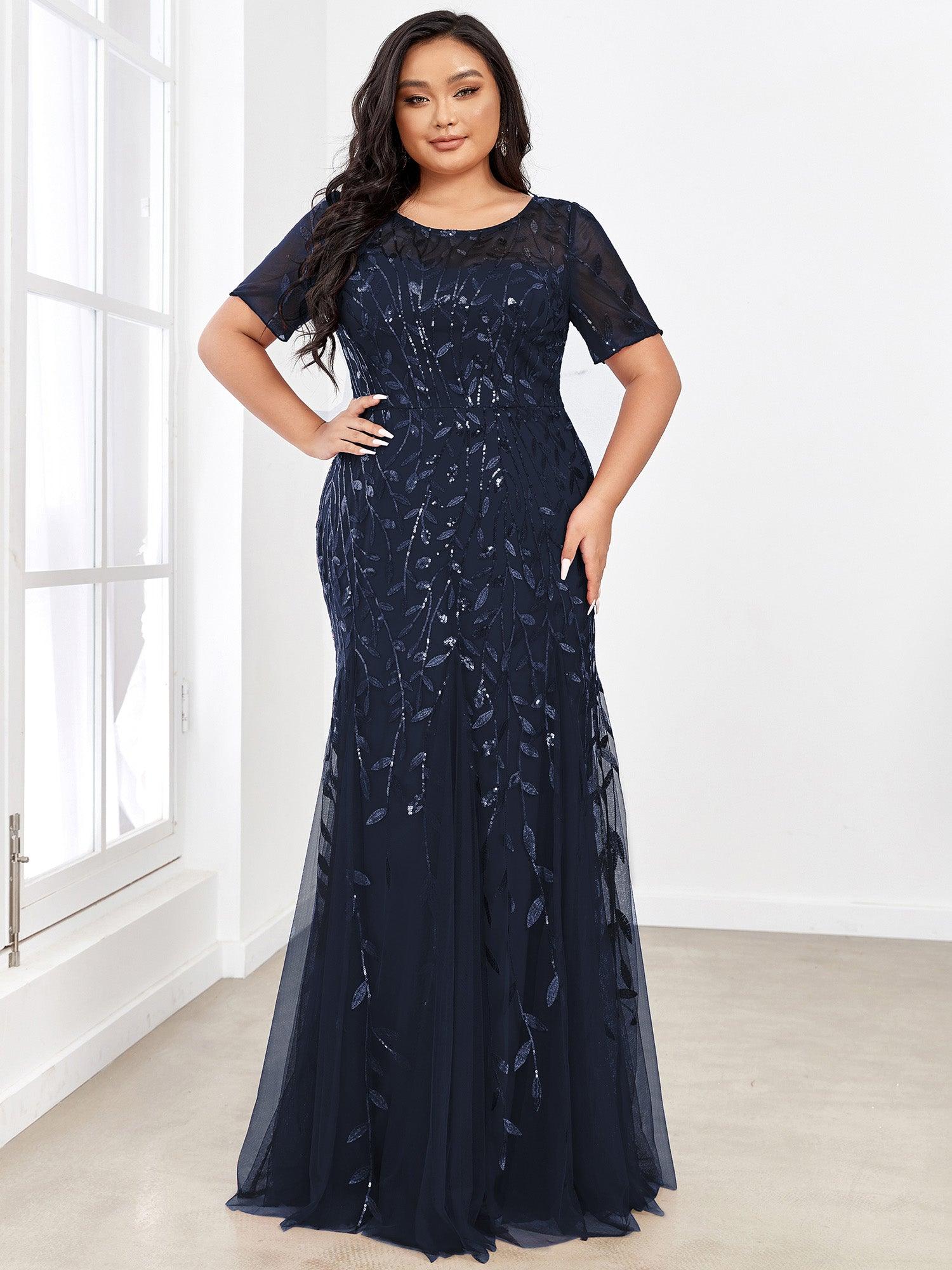 Robes de soirée Longues Sirène en Tulle à Imprimé Floral et Paillettes #Couleur_Bleu Marine