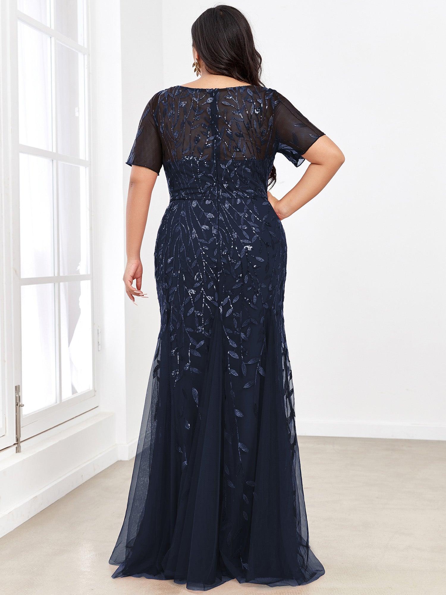 Robes de soirée Longues Sirène en Tulle à Imprimé Floral et Paillettes #Couleur_Bleu Marine