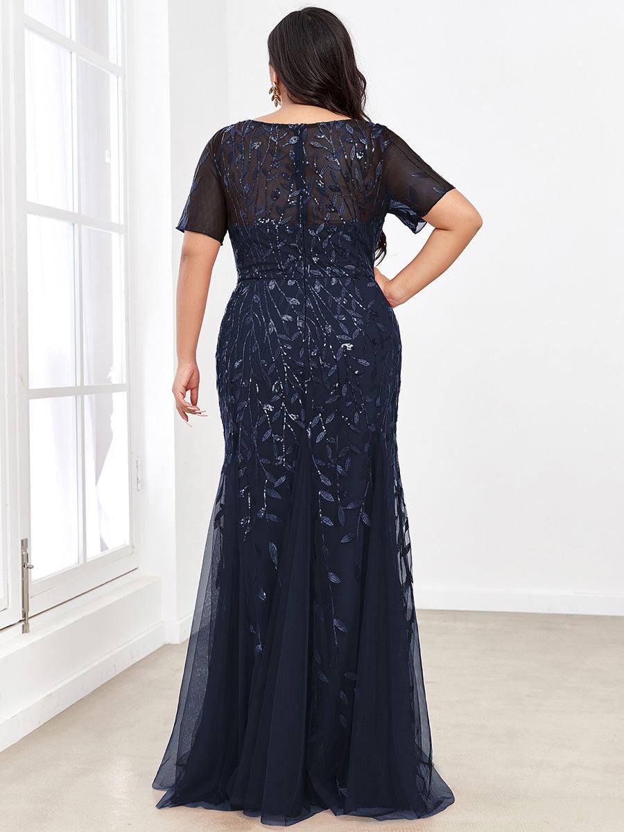 Robe Sirène Grande Taille en Tulle à Imprimé Floral et Paillettes #Couleur_Bleu Marine