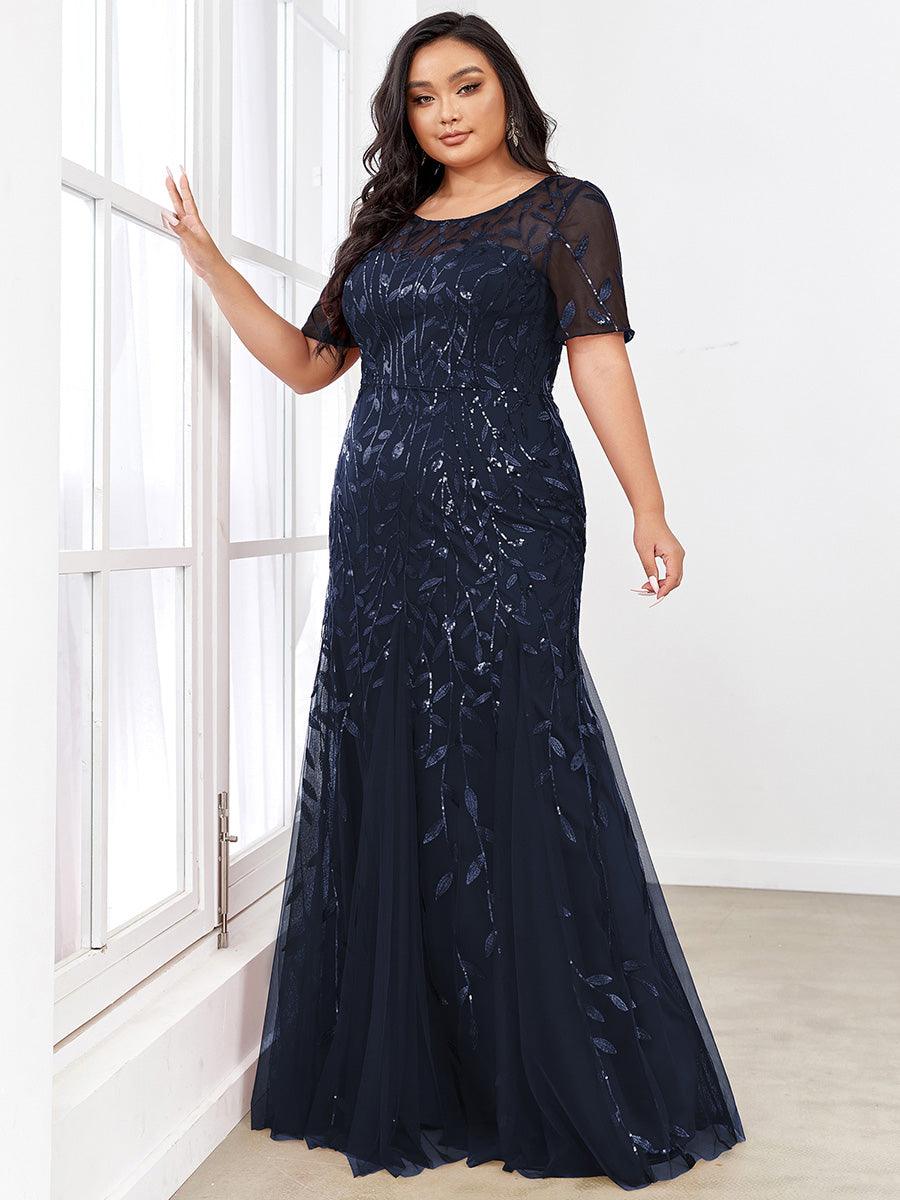Robe Sirène Grande Taille en Tulle à Imprimé Floral et Paillettes #Couleur_Bleu Marine