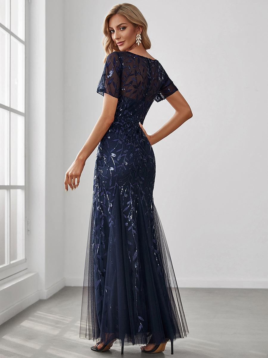 Robes de soirée Longues Sirène en Tulle à Imprimé Floral et Paillettes #Couleur_Bleu Marine
