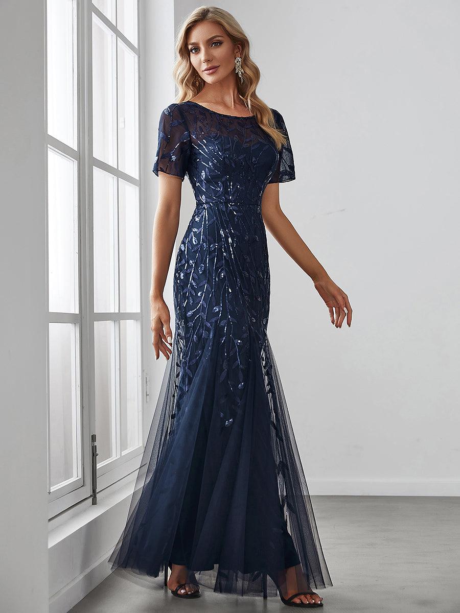 Robes de soirée Longues Sirène en Tulle à Imprimé Floral et Paillettes #Couleur_Bleu Marine