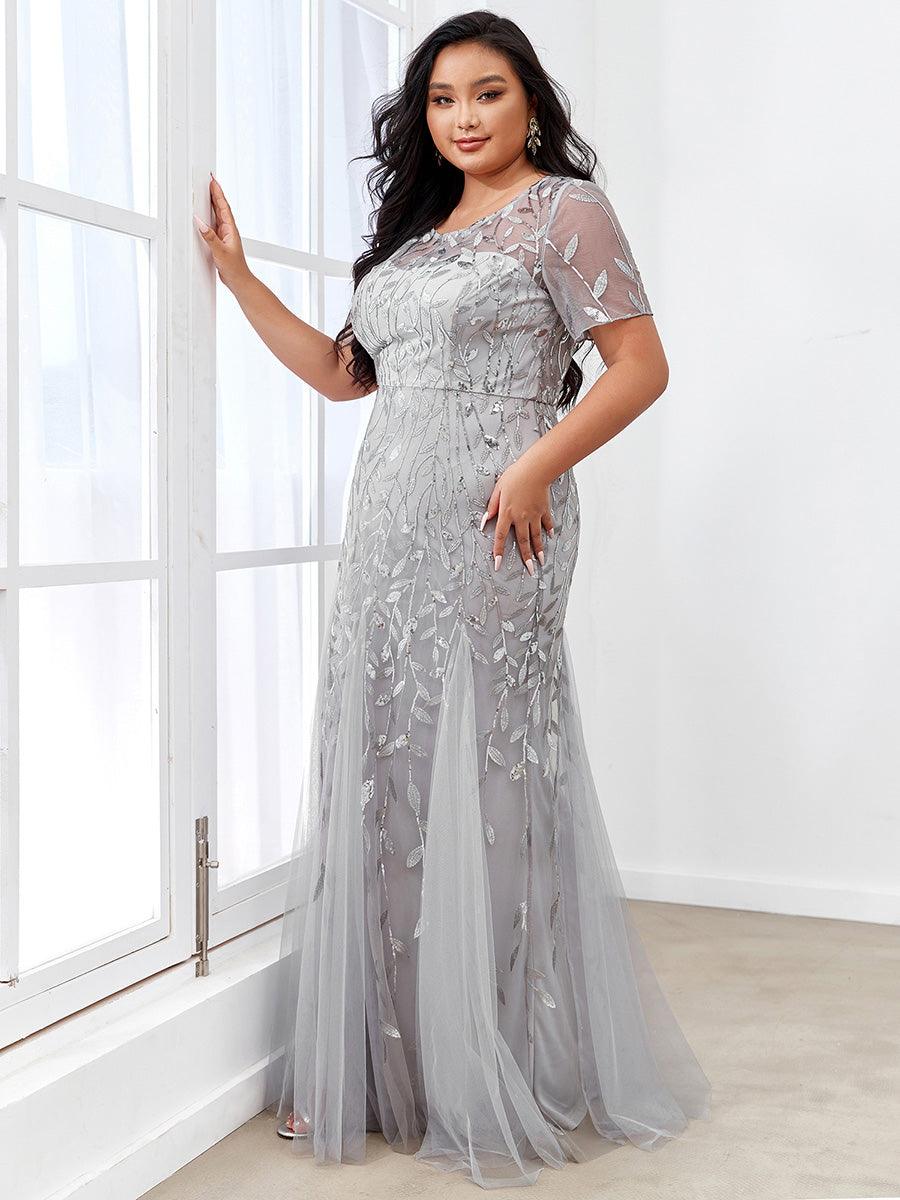 Robe Sirène Grande Taille en Tulle à Imprimé Floral et Paillettes #Couleur_Argent