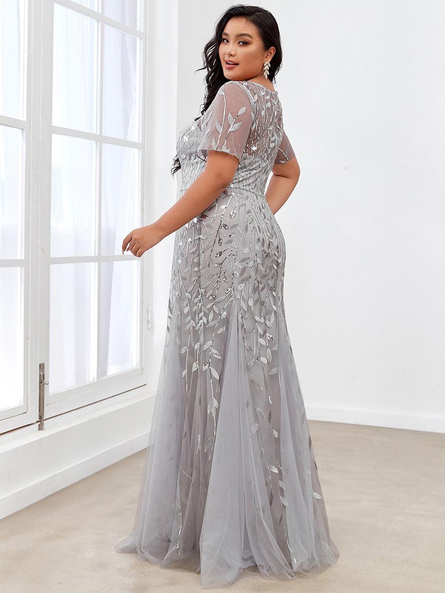 Robes de soirée Longues Sirène en Tulle à Imprimé Floral et Paillettes #Couleur_Argent