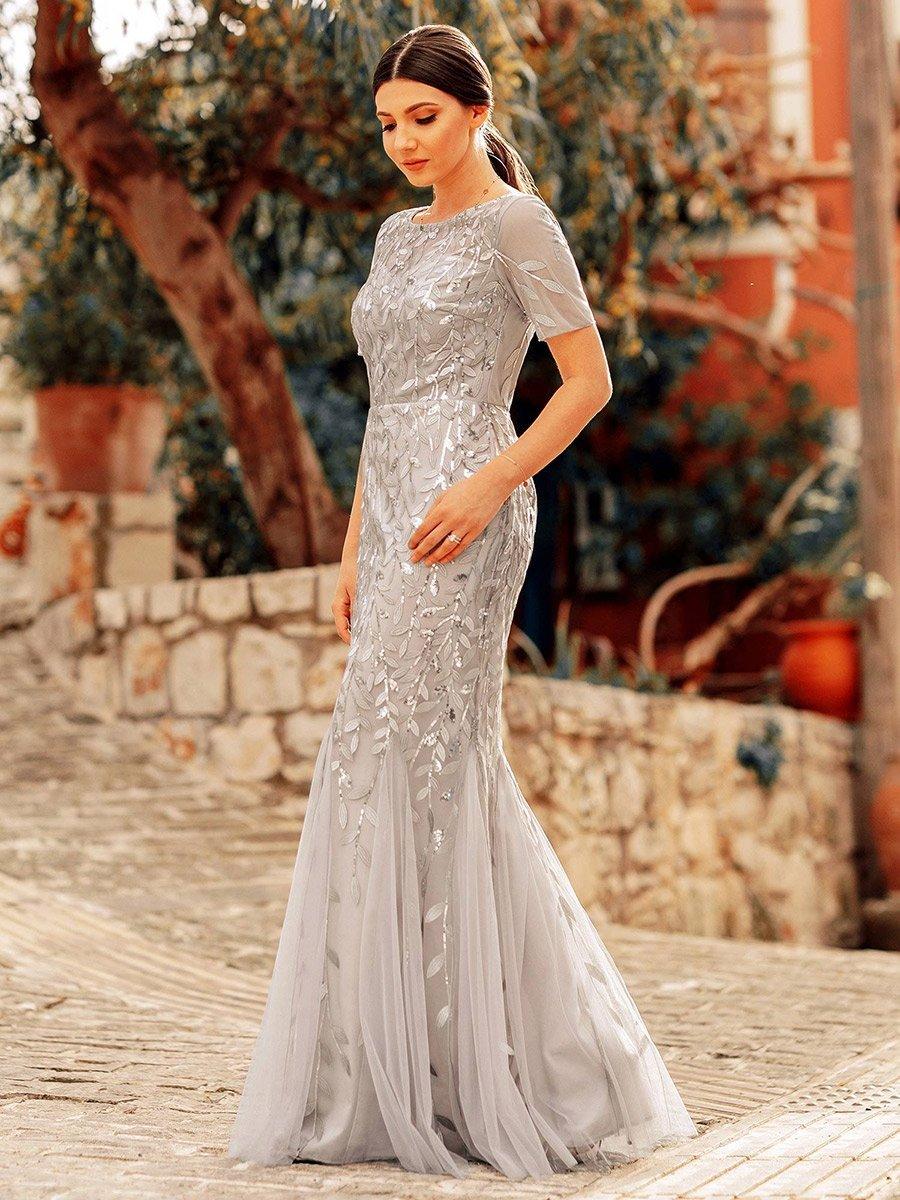 Robes de soirée Longues Sirène en Tulle à Imprimé Floral et Paillettes #Couleur_Argent