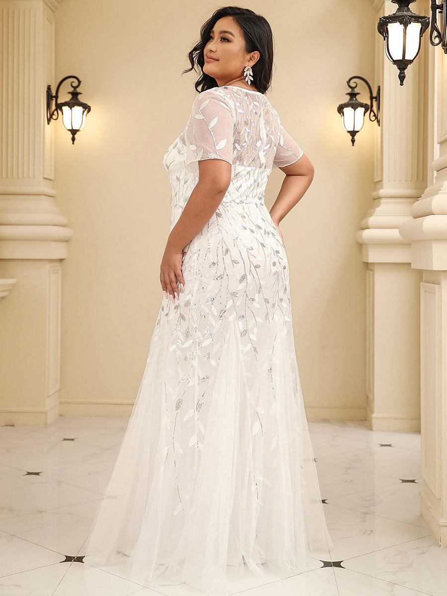 Robe Sirène Grande Taille en Tulle à Imprimé Floral et Paillettes #Couleur_Blanc