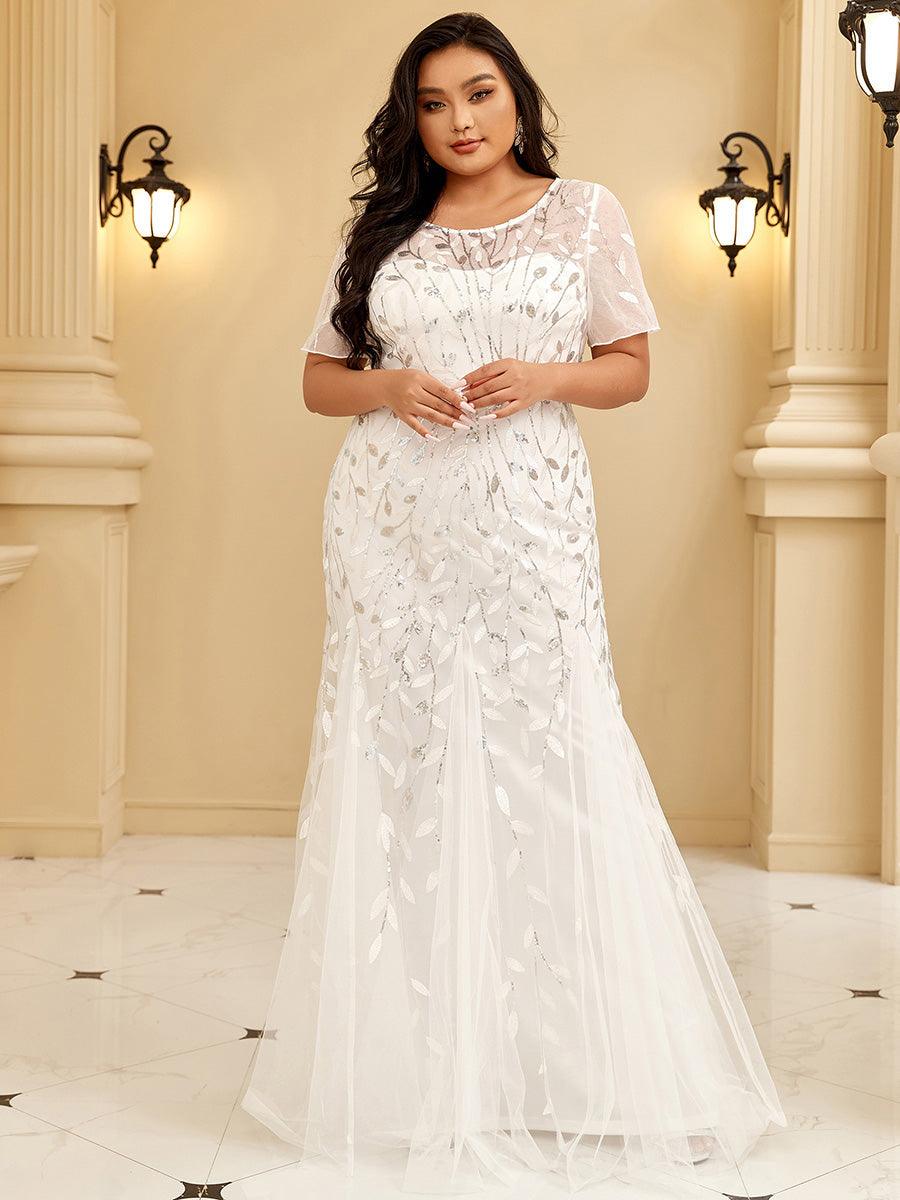 Robe Sirène Grande Taille en Tulle à Imprimé Floral et Paillettes #Couleur_Blanc