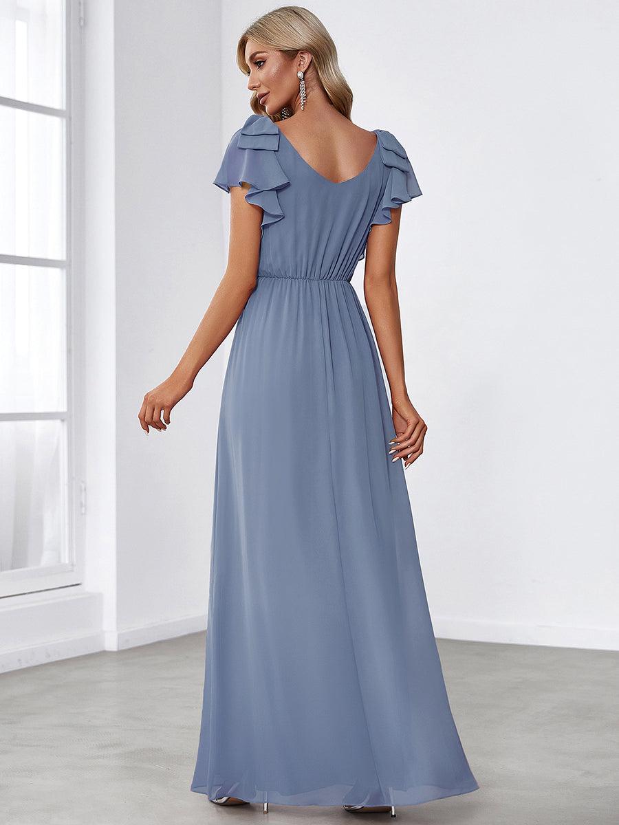 Robe Demoiselle d'Honneur Longue en Mousseline avec Manches à Volants #Couleur_Marine Fume