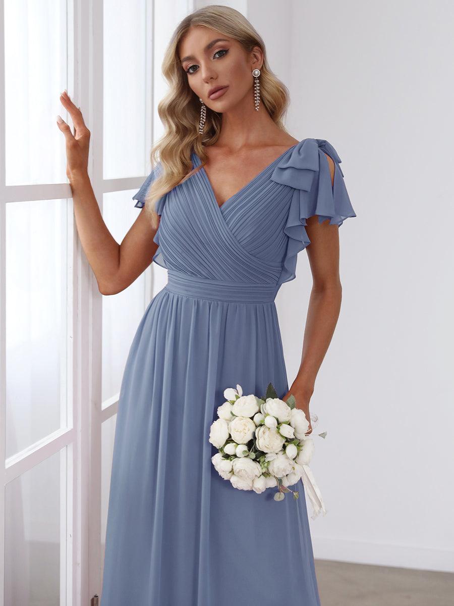 Robe Demoiselle d'Honneur Longue en Mousseline avec Manches à Volants #Couleur_Marine Fume