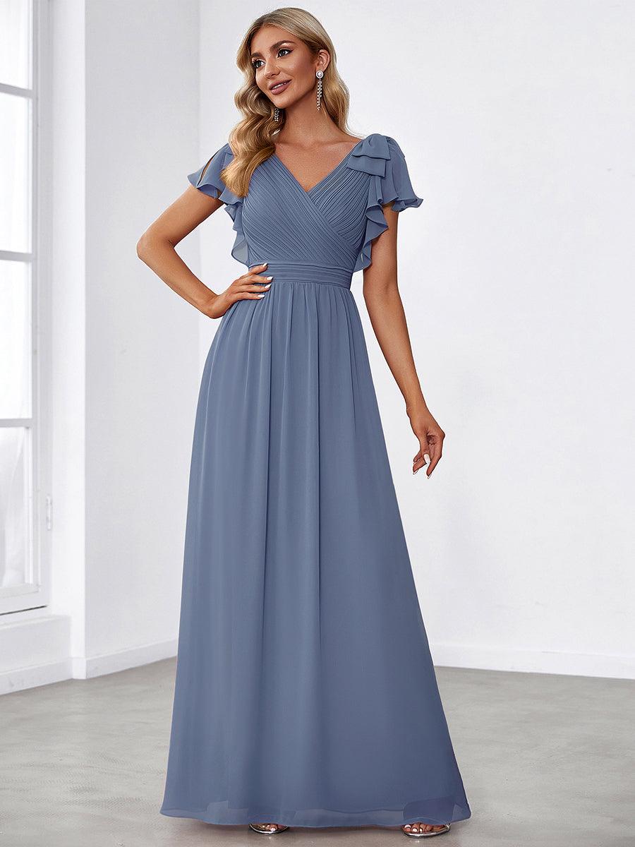 Robe Demoiselle d'Honneur Longue en Mousseline avec Manches à Volants #Couleur_Marine Fume