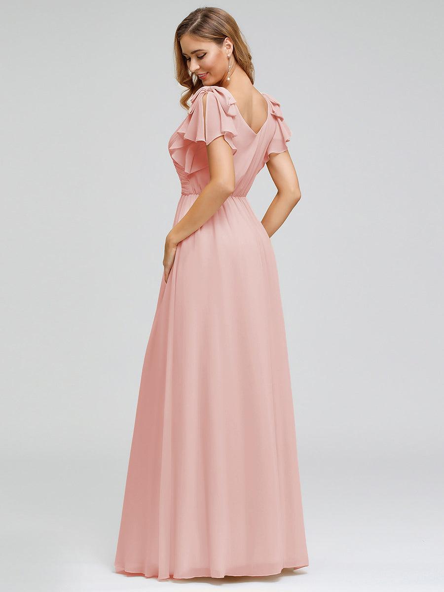 Robe Demoiselle d'Honneur Longue en Mousseline avec Manches à Volants #Couleur_Rose