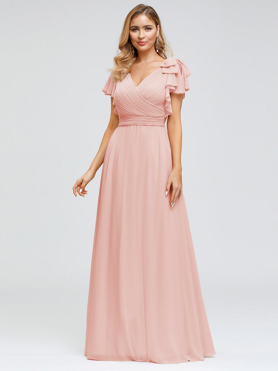 Robe Demoiselle d'Honneur Longue en Mousseline avec Manches à Volants #Couleur_Rose