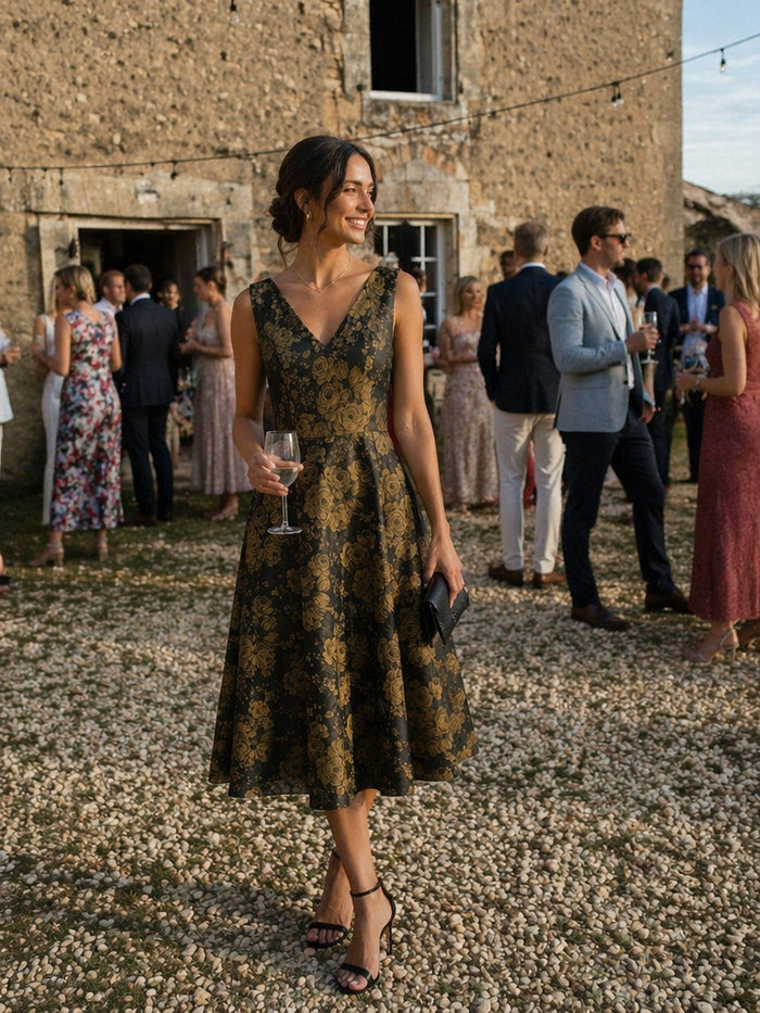 Robe midi A ligne sans manches d¨¦collet¨¦e en V avec d¨¦tails imprim¨¦s #Couleur_Noir/Or