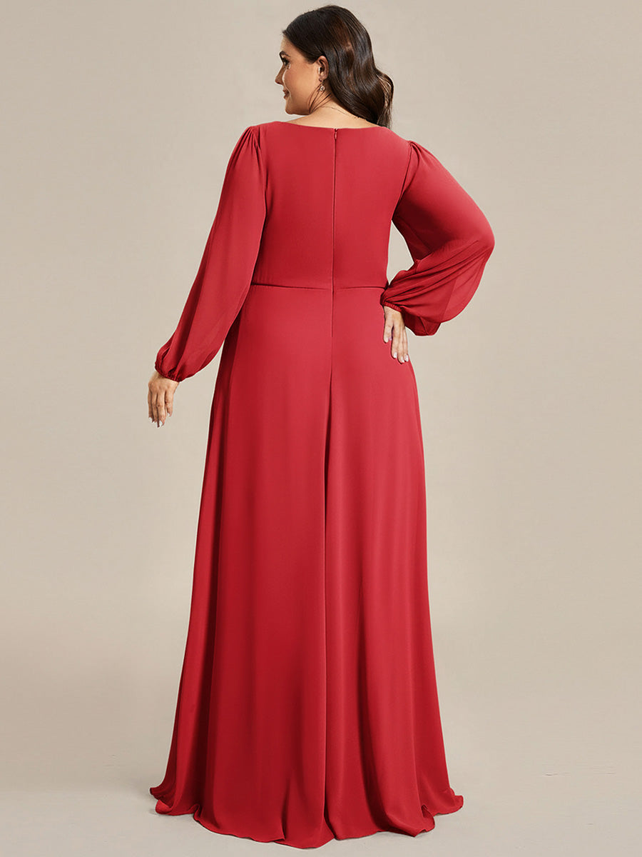 Robe Mère De La Mariée moderne Longue Elegante Avec Lanterne en V Profond #Couleur_Rouge