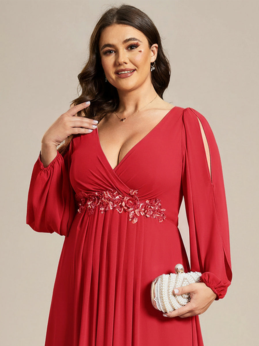 Robe de Soiree Longue Elegante Avec Lanterne en V Profond a Manches Fendues et Appliques #Couleur_Rouge
