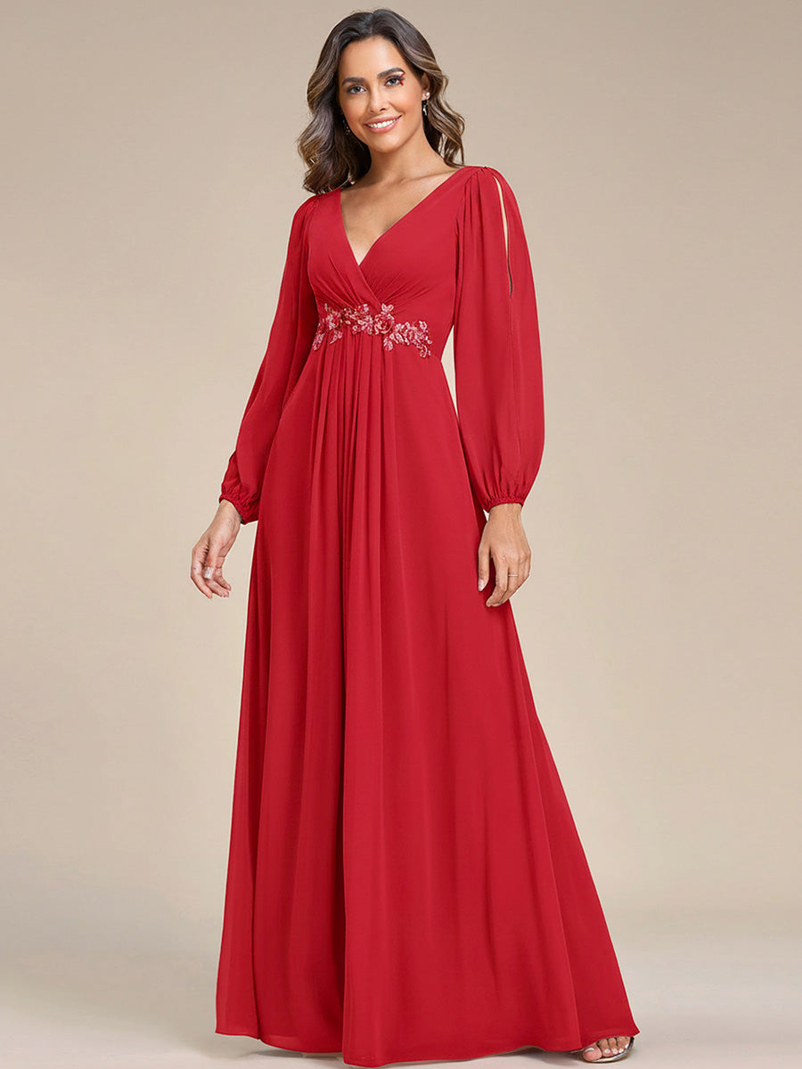 Robe de Soiree Longue Elegante Avec Lanterne en V Profond a Manches Fendues et Appliques #Couleur_Rouge
