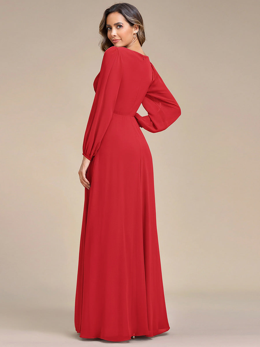 Robe Mère De La Mariée moderne Longue Elegante Avec Lanterne en V Profond #Couleur_Rouge