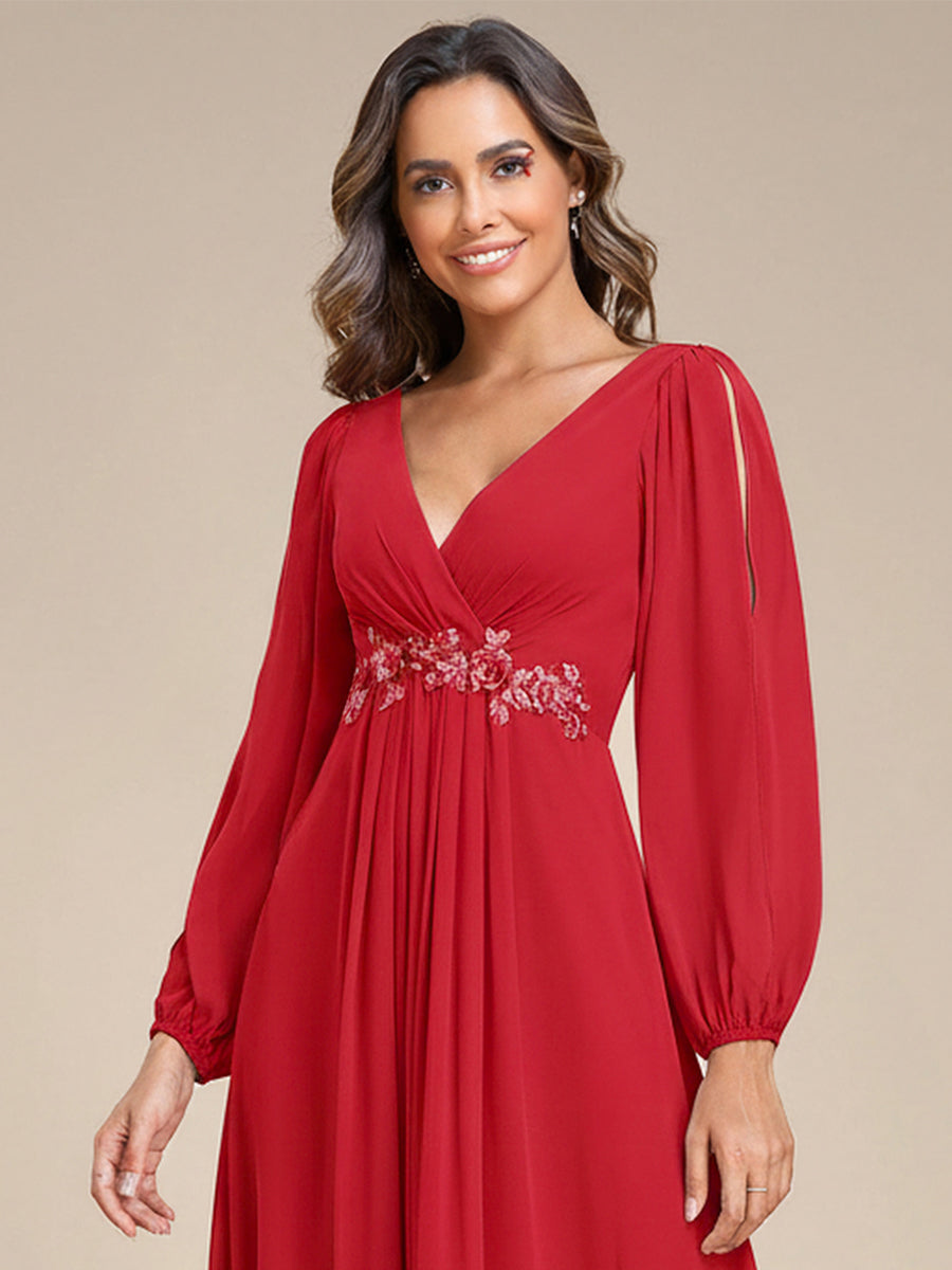 Robe Mère De La Mariée moderne Longue Elegante Avec Lanterne en V Profond #Couleur_Rouge
