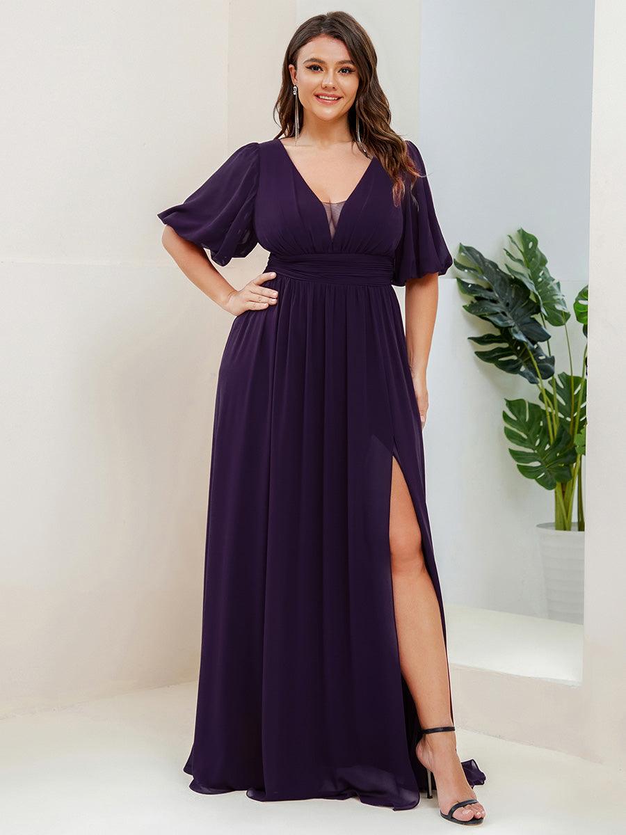 Taille personnalisée Robe de soirée Mousseline Manches courtes col en V #Couleur_Violet Fonce