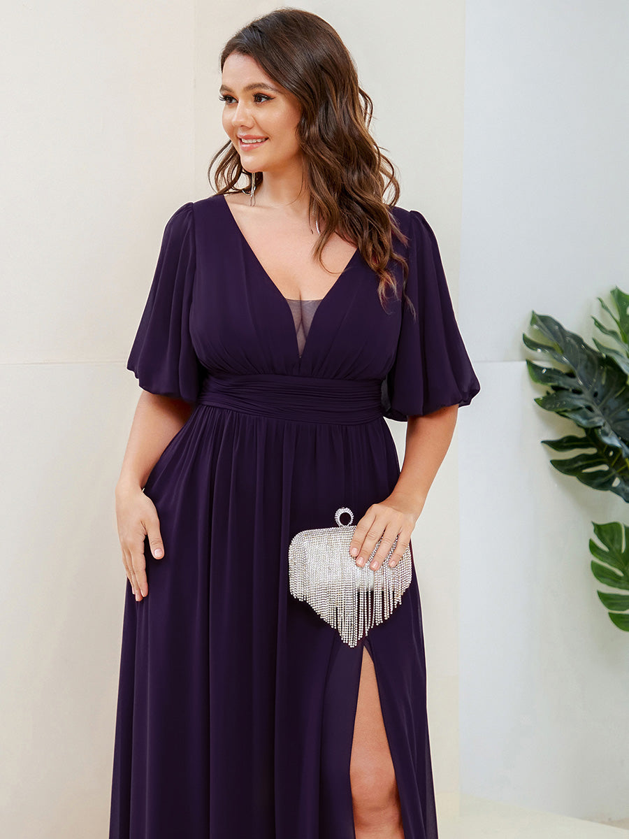 Robe de soirée Mousseline M manches courtes et col en V #Couleur_Violet Fonce