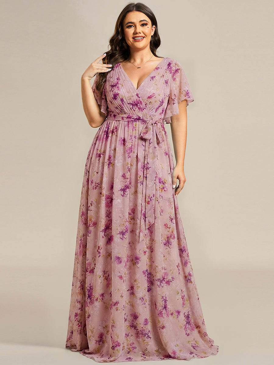 Robe de demoiselle d'honneur en mousseline de soie à encolure en V et à manches #Couleur_Imprimé Violet Clair