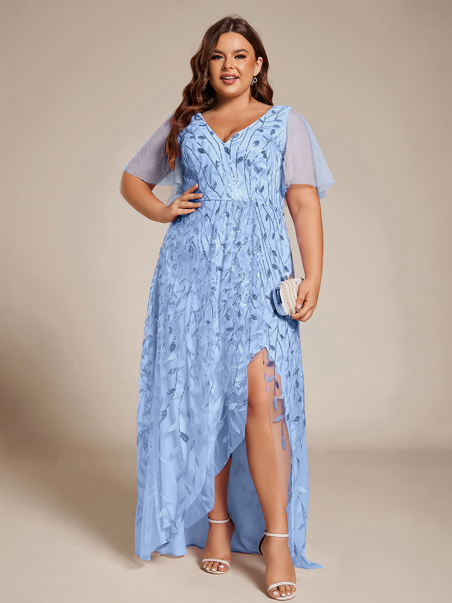 Robes de soirée pailletées à col en V et fente haute #Couleur_Bleu Ciel