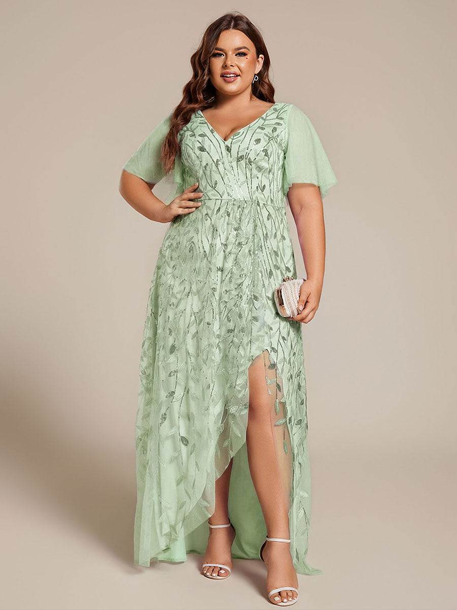 Robes de soirée pailletées à col en V et fente haute #Couleur_Menthe Verte