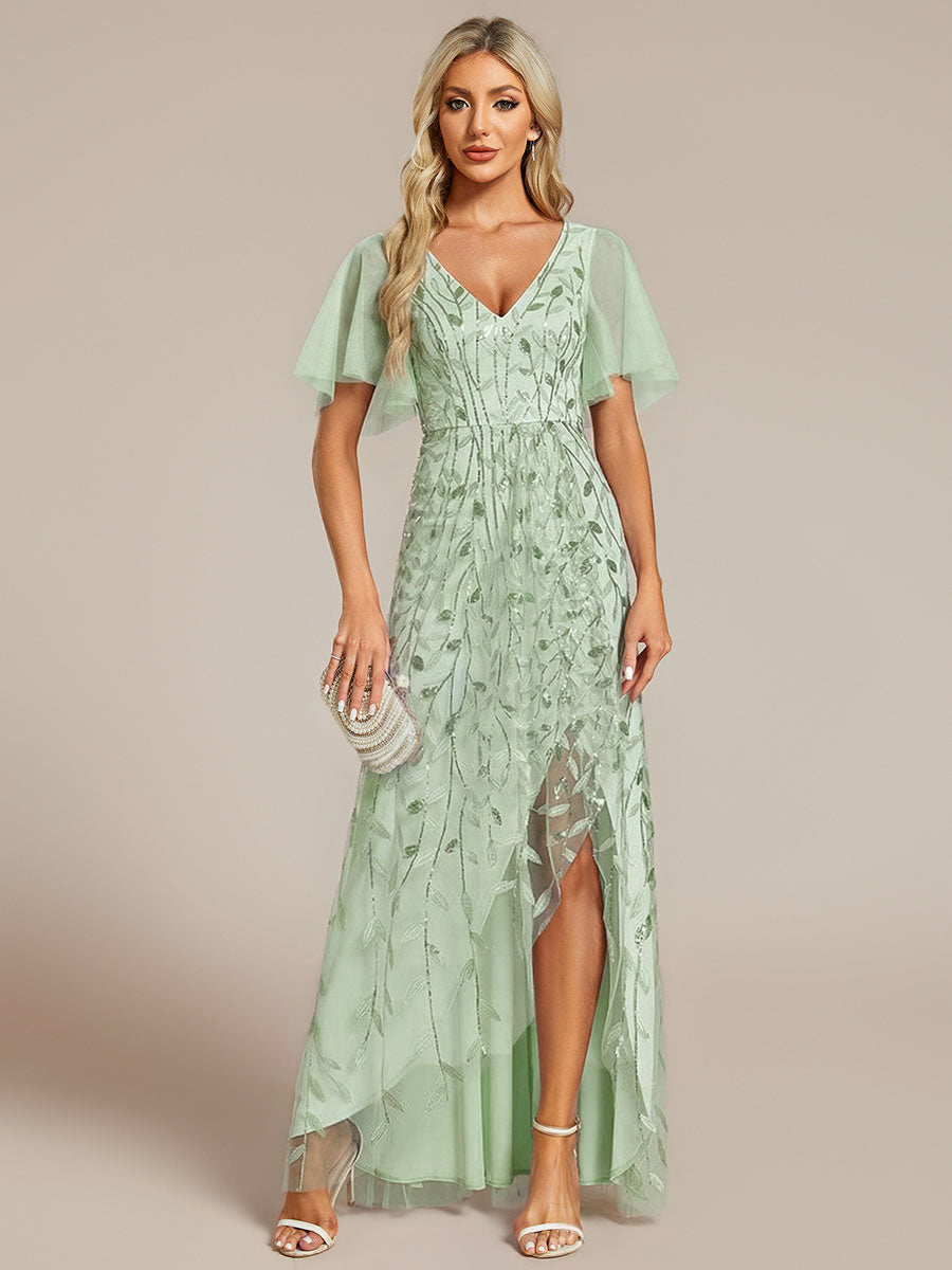 Robes de soirée pailletées à col en V et fente haute #Couleur_Menthe Verte