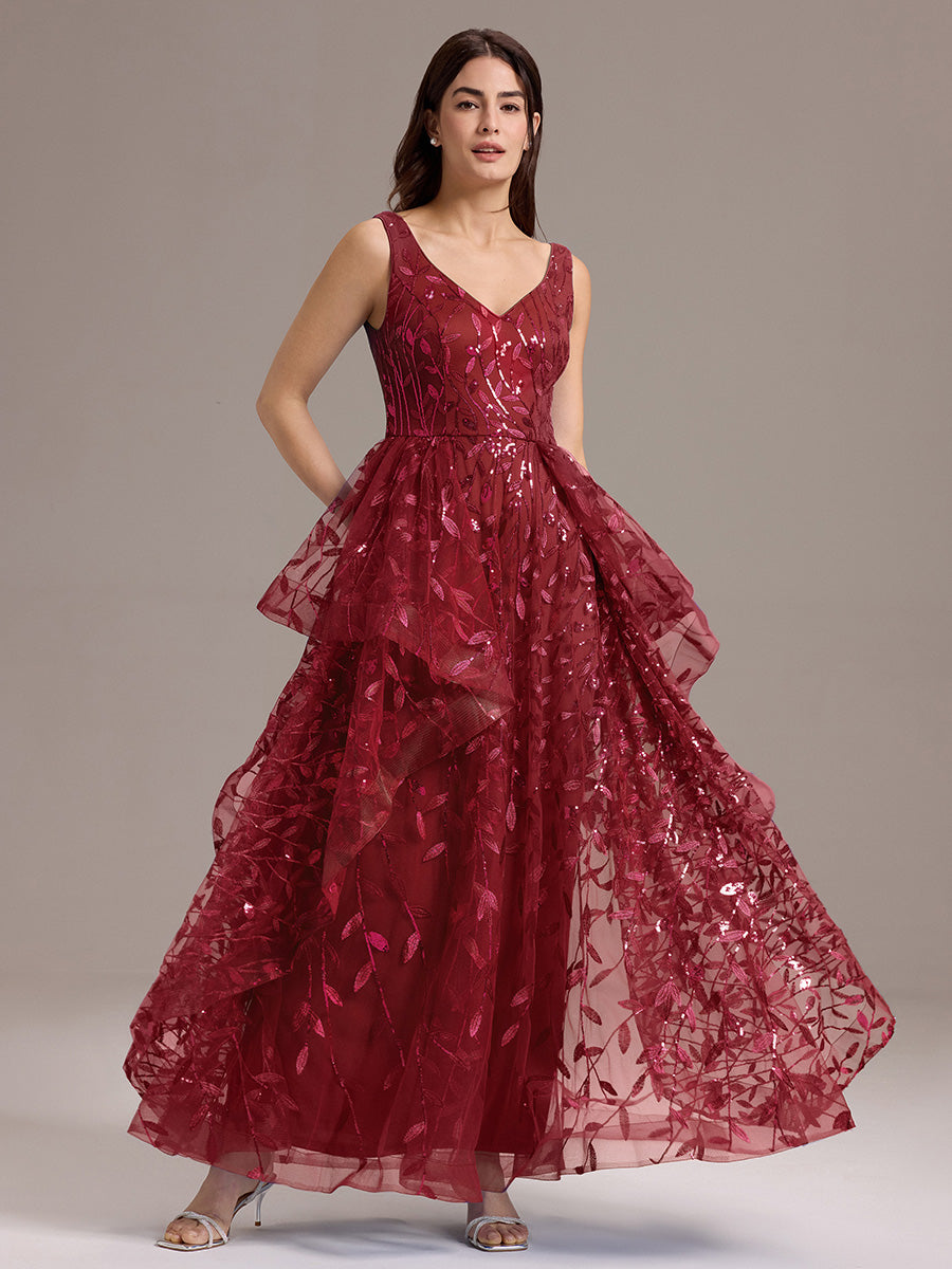Robe de soirée trapèze à paillettes et ourlet irrégulier #Couleur_Bordeaux