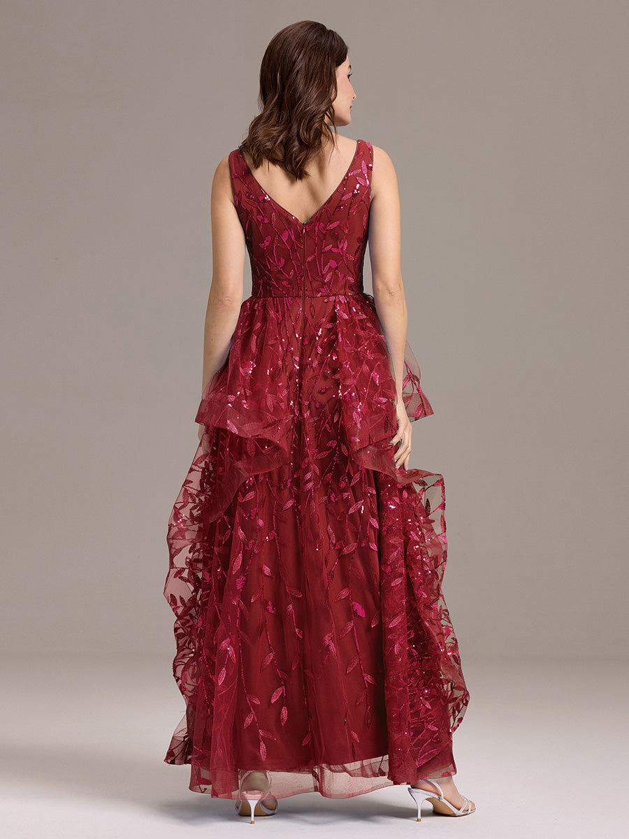 Robe de soirée trapèze à paillettes et ourlet irrégulier #Couleur_Bordeaux