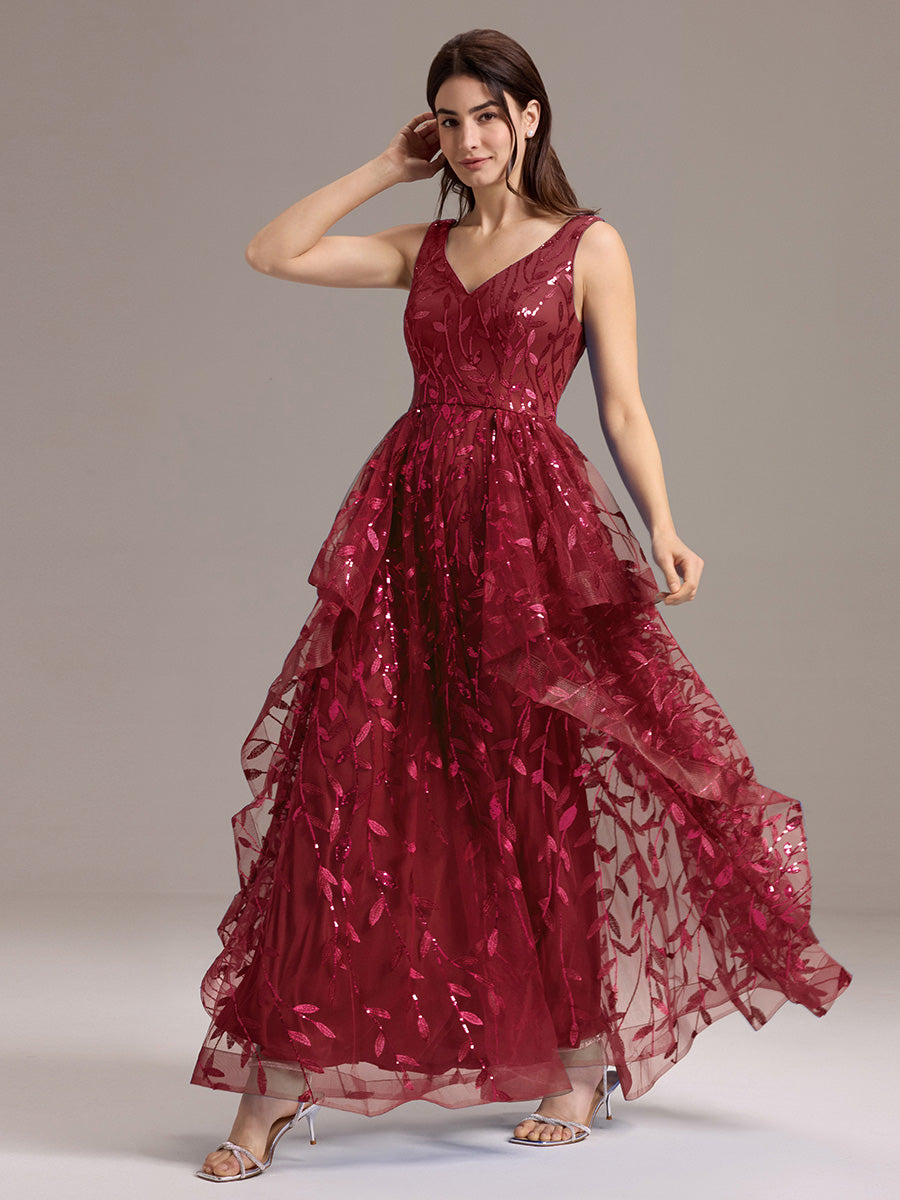 Robe de soirée trapèze à paillettes et ourlet irrégulier #Couleur_Bordeaux