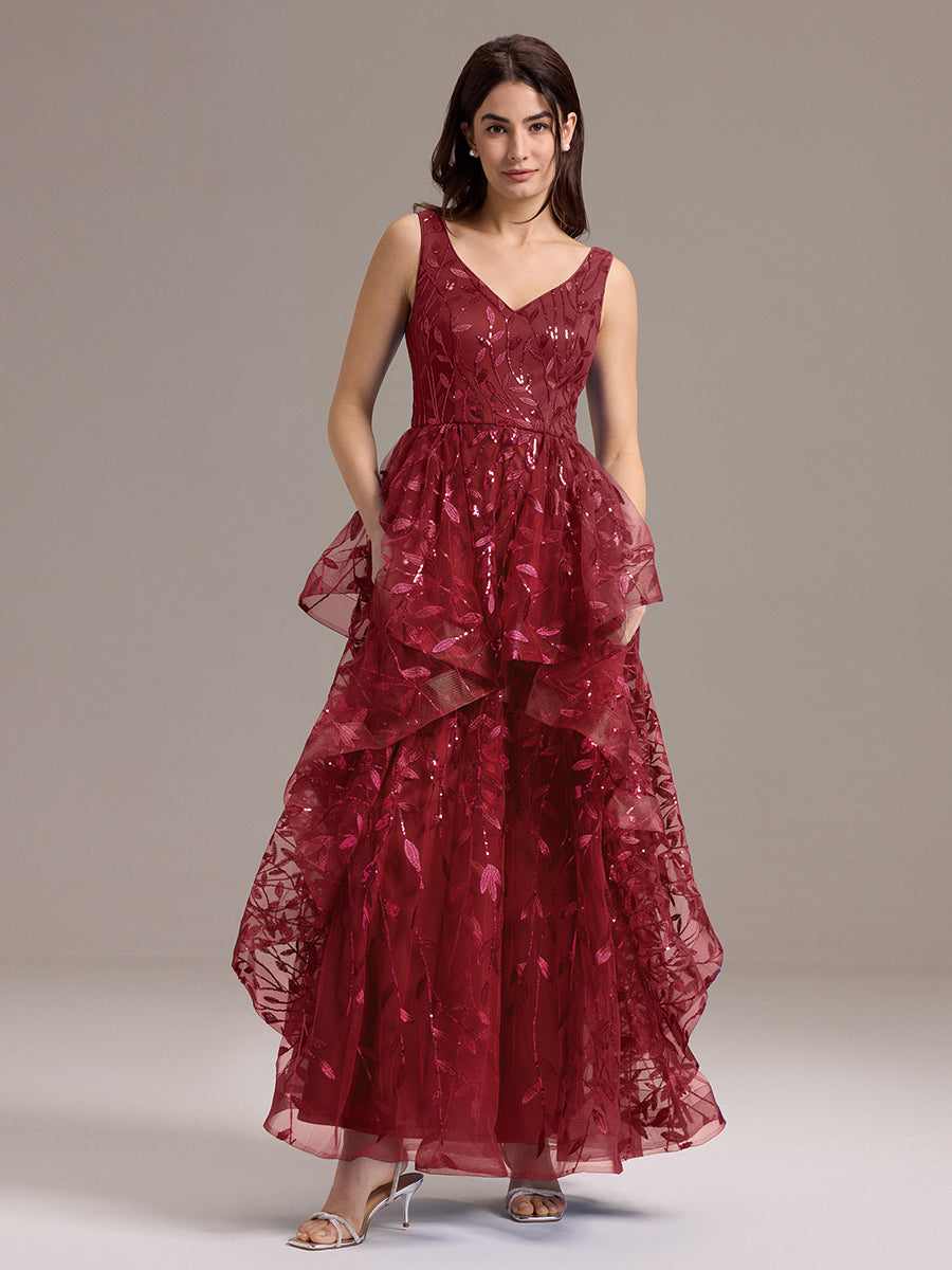 Robe de soirée trapèze à paillettes et ourlet irrégulier #Couleur_Bordeaux