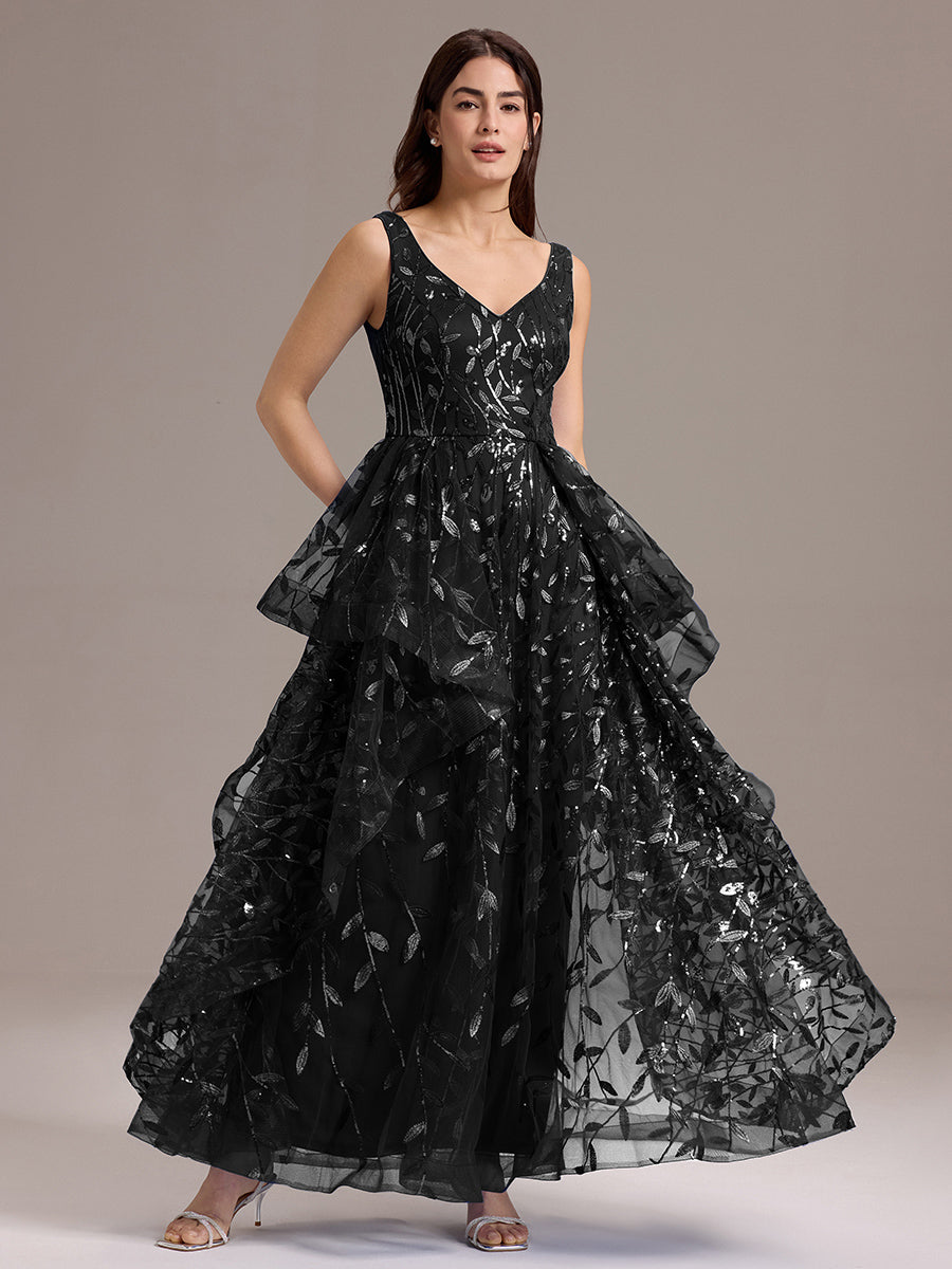 Robe de soirée trapèze à paillettes et ourlet irrégulier #Couleur_Noir