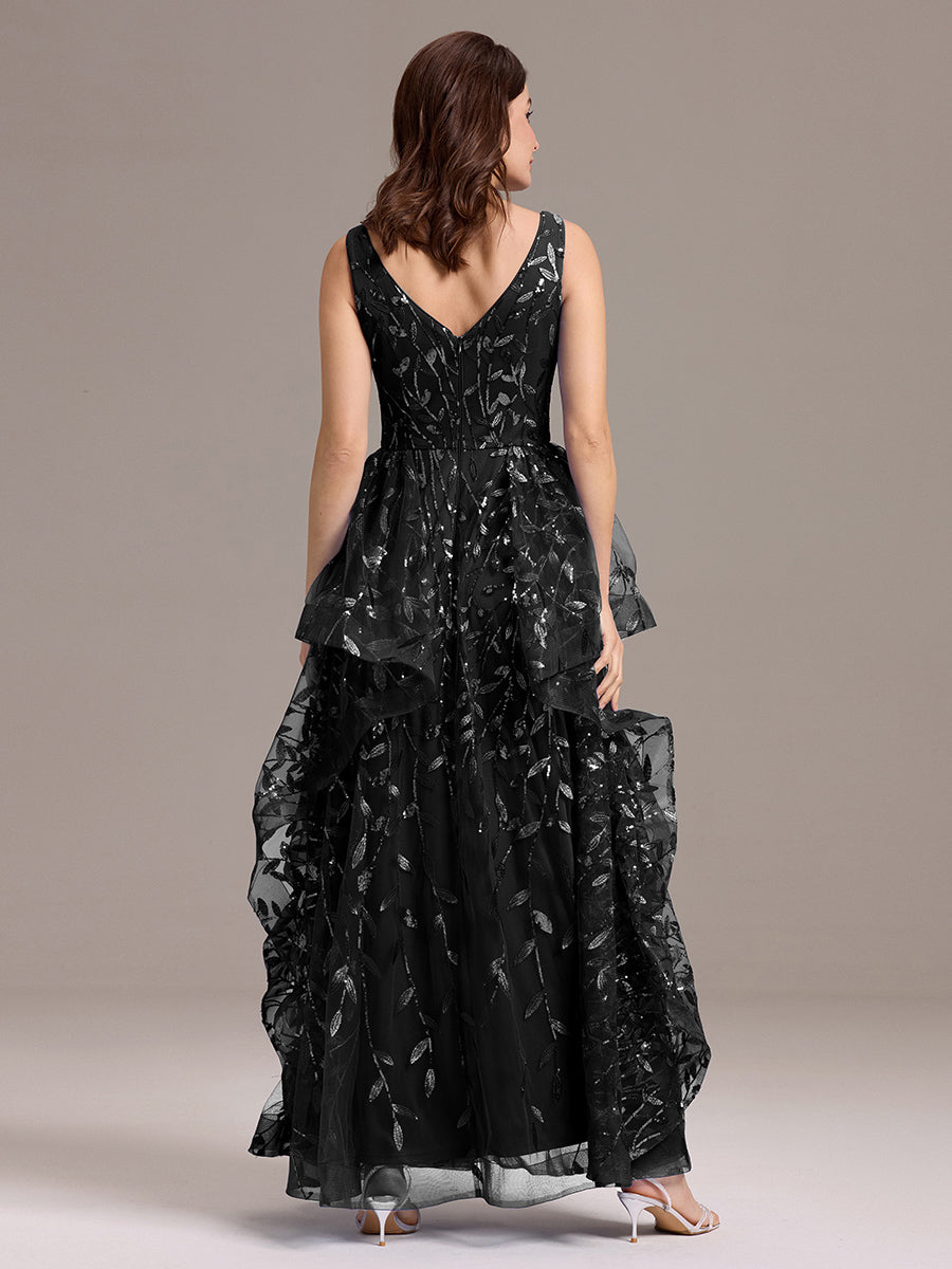 Robe de soirée trapèze à paillettes et ourlet irrégulier #Couleur_Noir