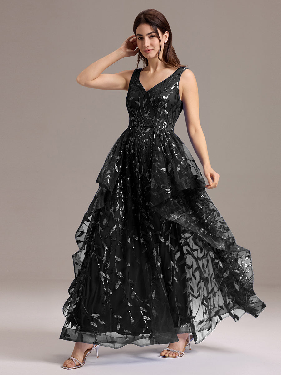 Robe de soirée trapèze à paillettes et ourlet irrégulier #Couleur_Noir