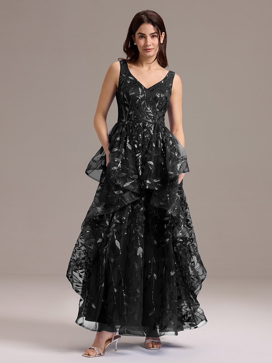 Robe de soirée trapèze à paillettes et ourlet irrégulier #Couleur_Noir