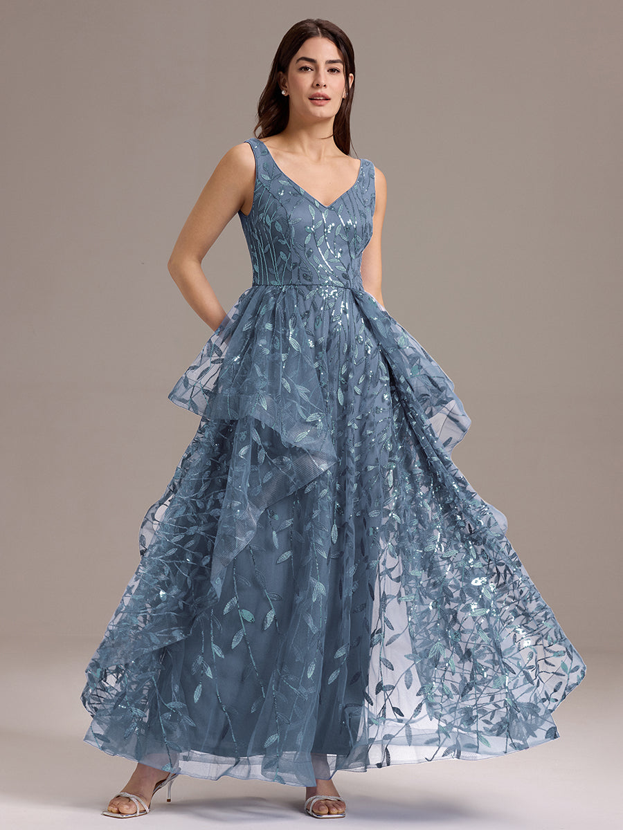 Robe de soirée trapèze à paillettes et ourlet irrégulier #Couleur_Marine Fume
