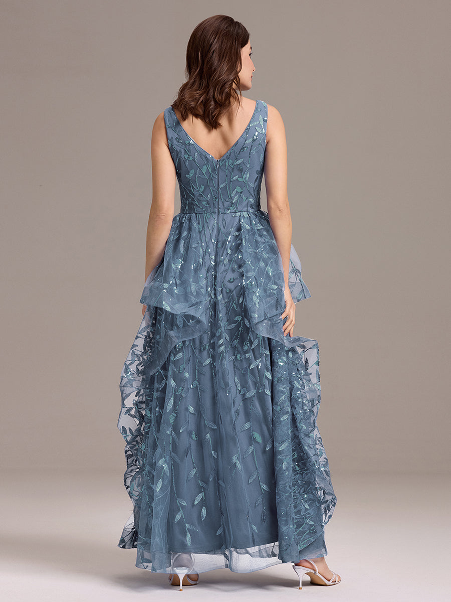 Robe de soirée trapèze à paillettes et ourlet irrégulier #Couleur_Marine Fume