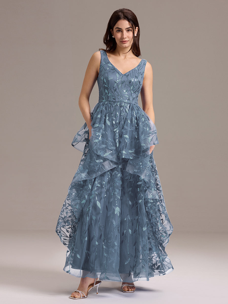 Robe de soirée trapèze à paillettes et ourlet irrégulier #Couleur_Marine Fume