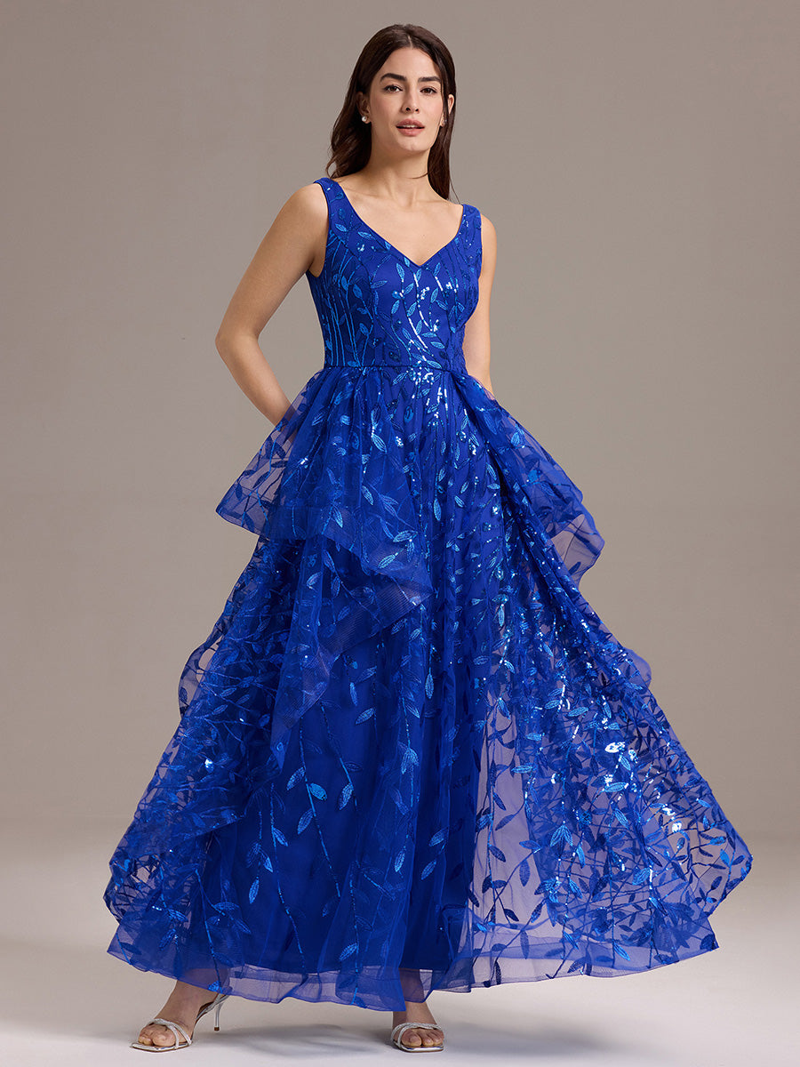Robe de soirée trapèze à paillettes et ourlet irrégulier #Couleur_Bleu Saphir