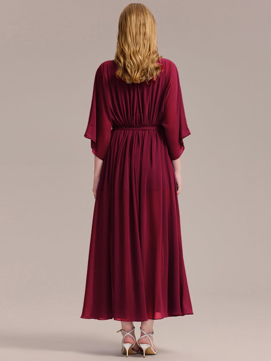 Robe d'invité de mariage trapèze en mousseline fluide à encolure ronde et longueur au genou #Couleur_Bordeaux